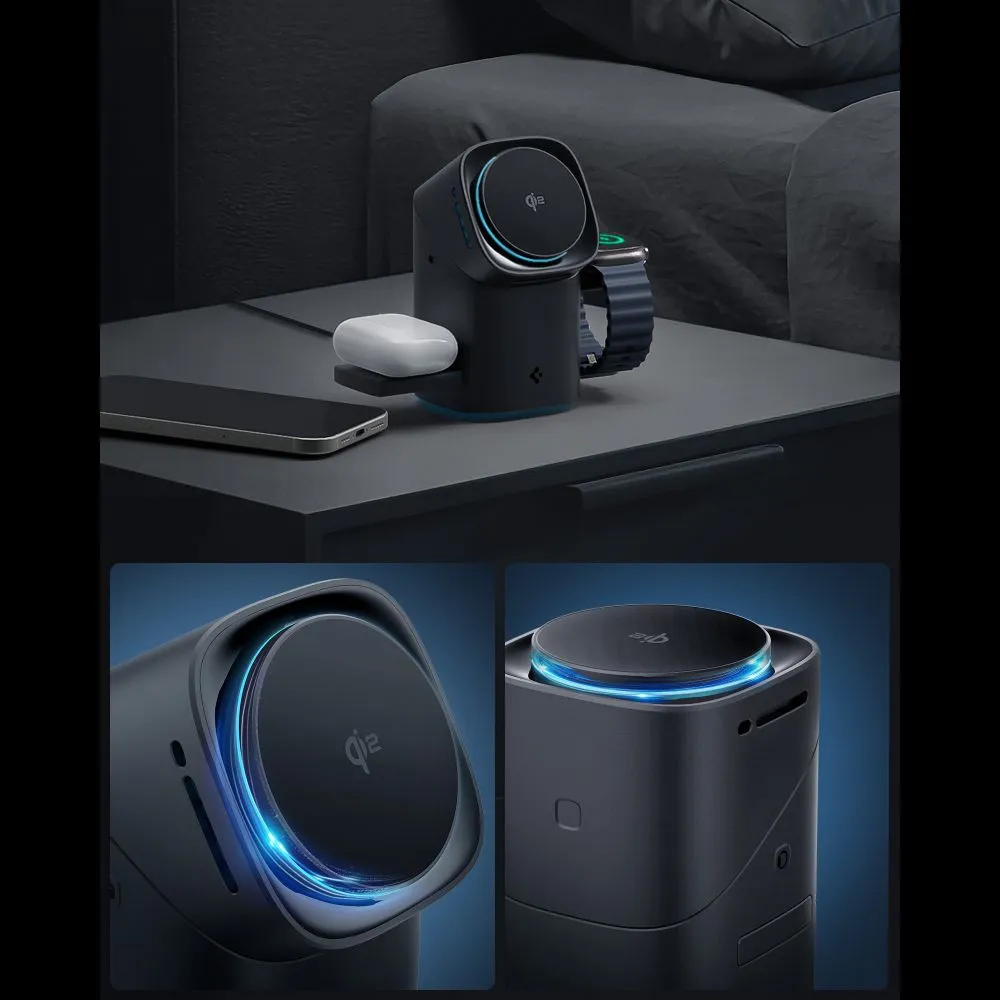 Bezvadu lādētājs  SPIGEN ESSENTIAL EF223MS 3IN1 QI2 ROTARY MAGNETIC MAGSAFE WIRELESS CHARGER melns