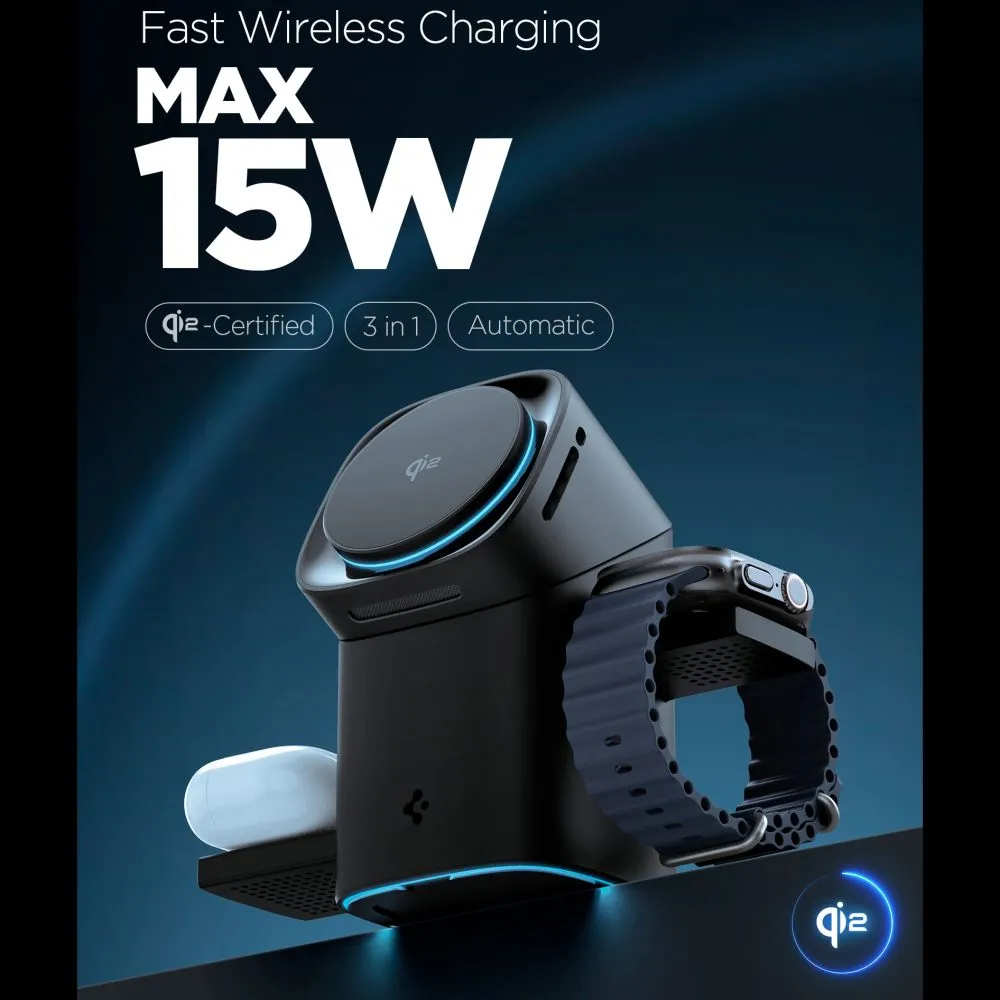 Bezvadu lādētājs  SPIGEN ESSENTIAL EF223MS 3IN1 QI2 ROTARY MAGNETIC MAGSAFE WIRELESS CHARGER melns