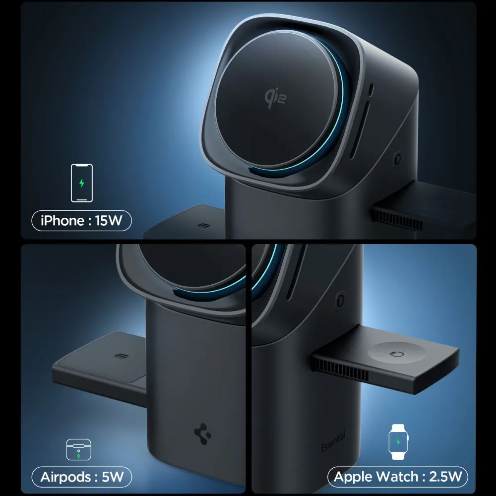 Bezvadu lādētājs  SPIGEN ESSENTIAL EF223MS 3IN1 QI2 ROTARY MAGNETIC MAGSAFE WIRELESS CHARGER melns