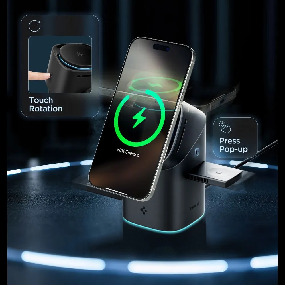 Bezvadu lādētājs  SPIGEN ESSENTIAL EF223MS 3IN1 QI2 ROTARY MAGNETIC MAGSAFE WIRELESS CHARGER melns