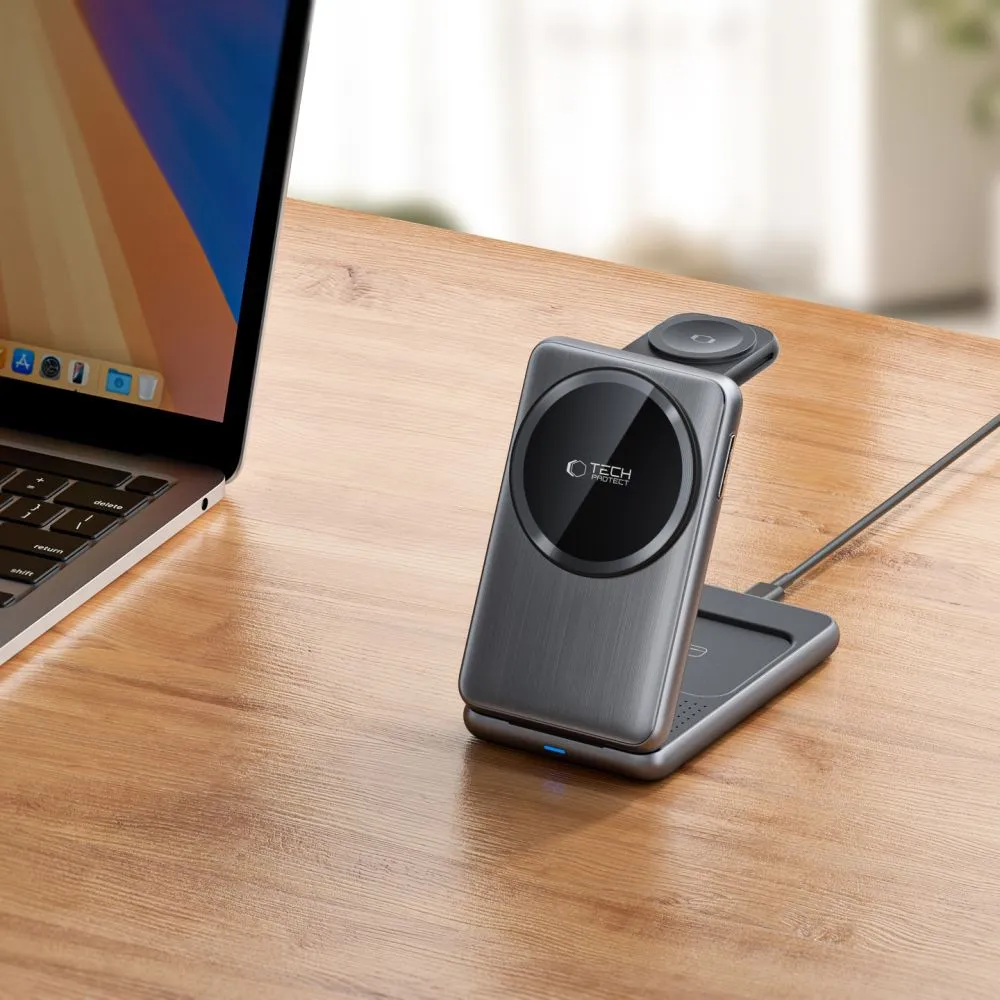 Bezvadu lādētājs  TECH-PROTECT QI15W-A42 3IN1 MAGNETIC MAGSAFE WIRELESS CHARGER pelēks
