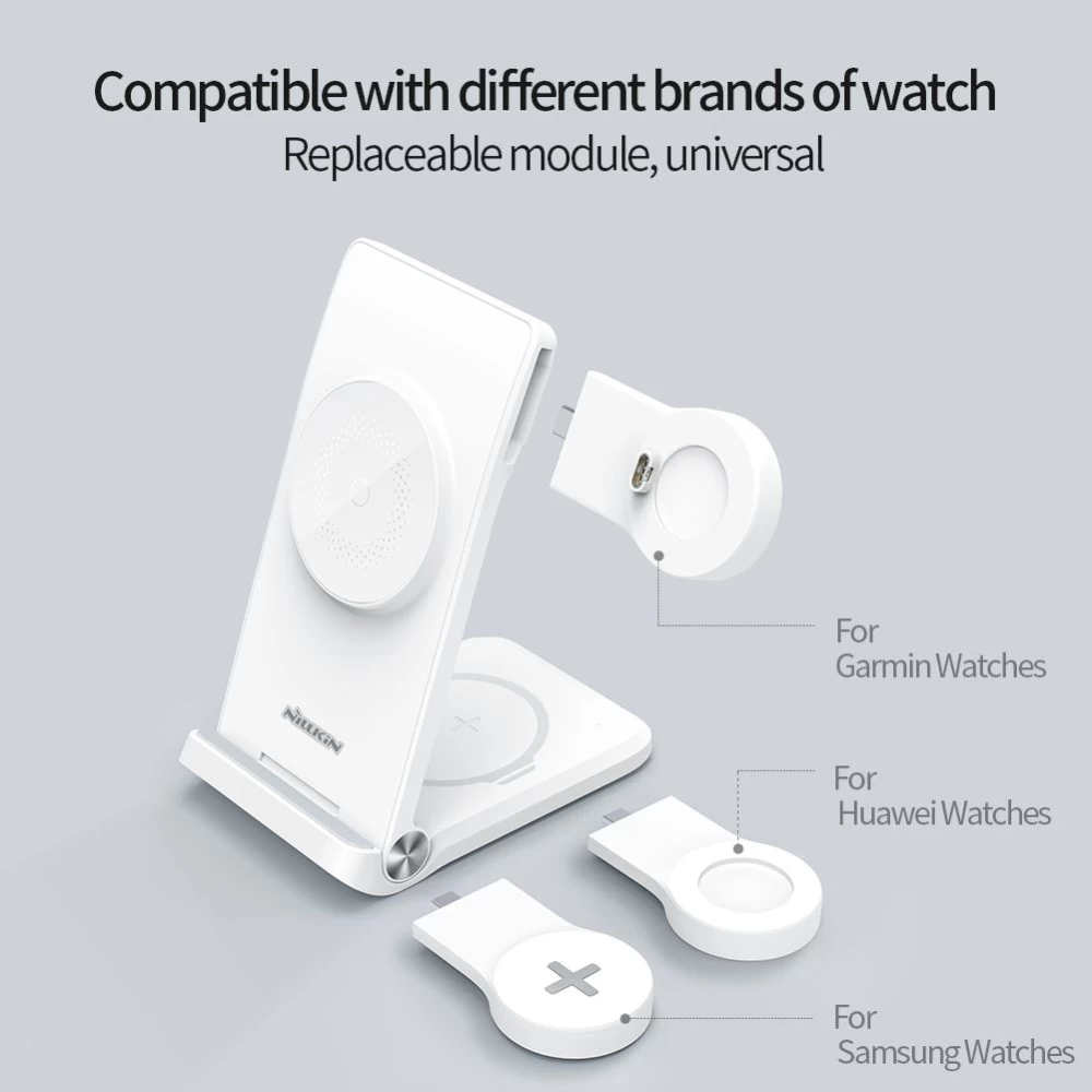 Bezvadu lādētājs  Nillkin Power Trio 3in1 Wireless Charger Magsafe (Huawei Watch) Magnetic Version balts