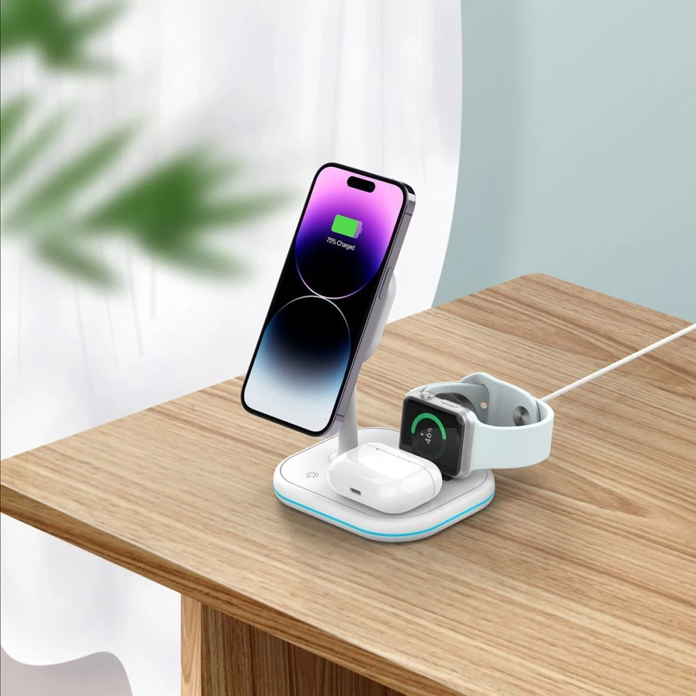 Bezvadu lādētājs  TECH-PROTECT QI15W-A27 3IN1 MAGNETIC MAGSAFE WIRELESS CHARGER balts