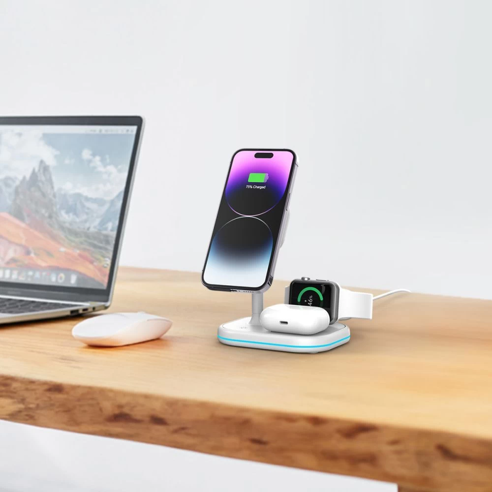Bezvadu lādētājs  TECH-PROTECT QI15W-A27 3IN1 MAGNETIC MAGSAFE WIRELESS CHARGER balts