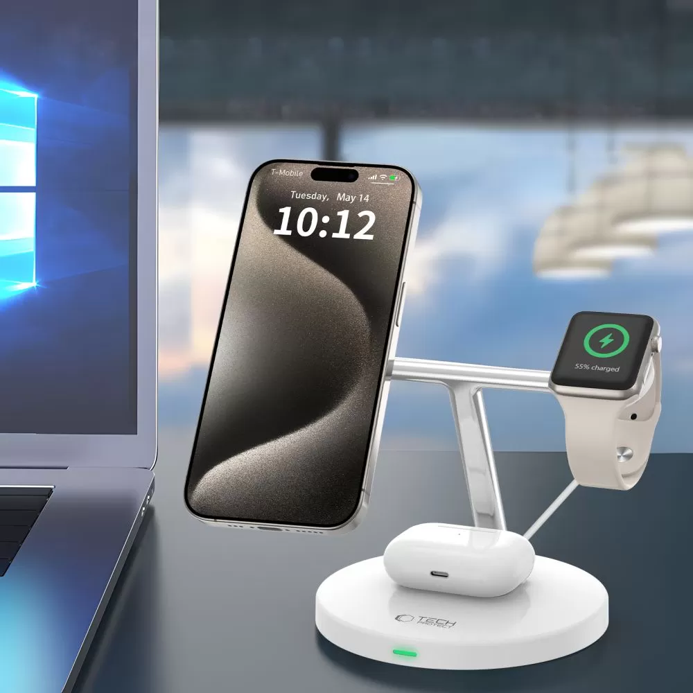 Bezvadu lādētājs  TECH-PROTECT QI15W-A35 3IN1 MAGNETIC MAGSAFE WIRELESS CHARGER balts