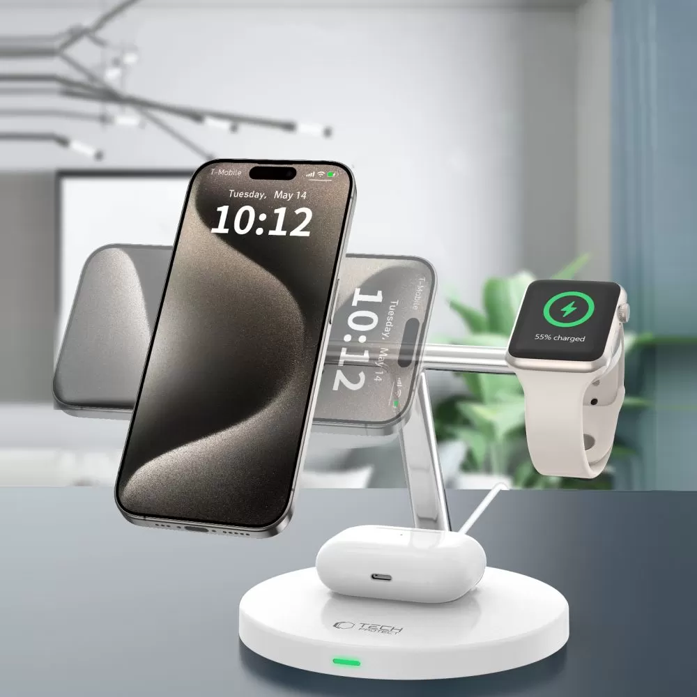 Bezvadu lādētājs  TECH-PROTECT QI15W-A35 3IN1 MAGNETIC MAGSAFE WIRELESS CHARGER balts