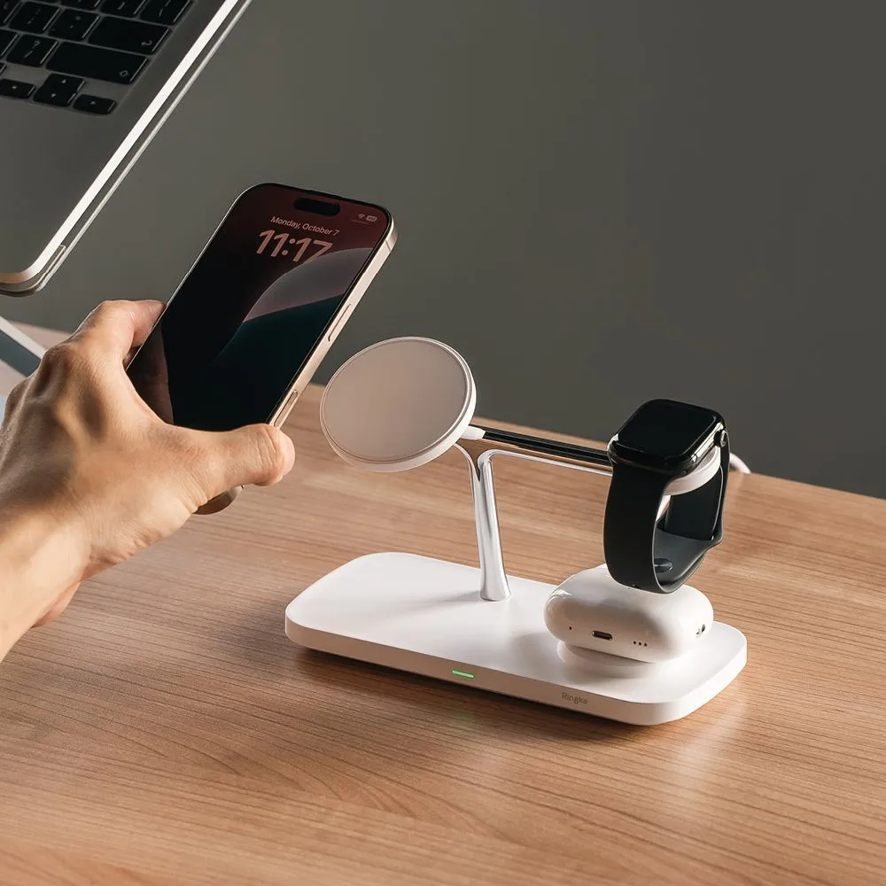 Bezvadu lādētājs  RINGKE 3IN1 QI2 MAGNETIC MAGSAFE WIRELESS CHARGER balts