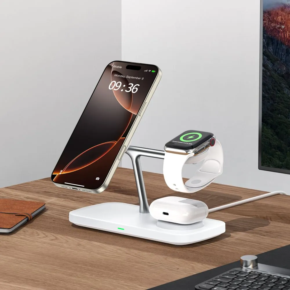 Bezvadu lādētājs  TECH-PROTECT QI15W-A45 3IN1 MAGNETIC MAGSAFE WIRELESS CHARGER balts
