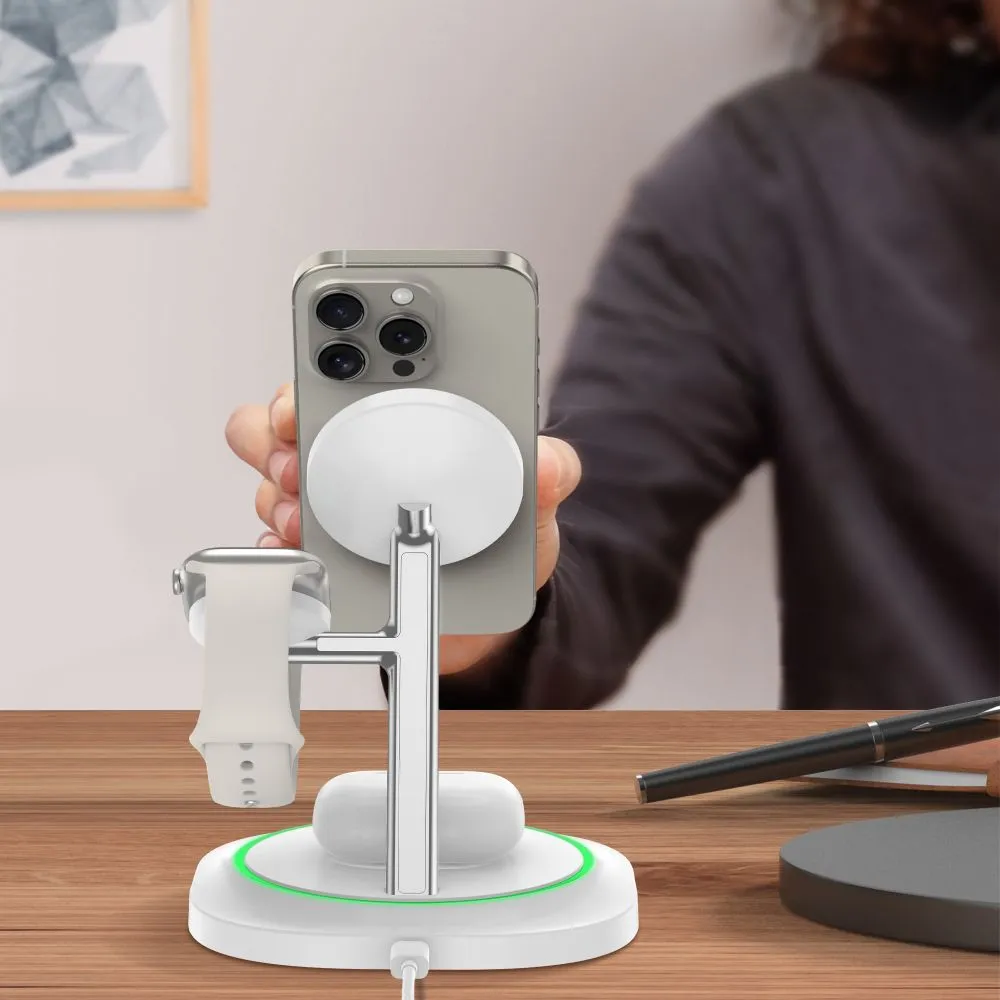 Bezvadu lādētājs  TECH-PROTECT QI15W-A46 3IN1 MAGNETIC MAGSAFE WIRELESS CHARGER balts