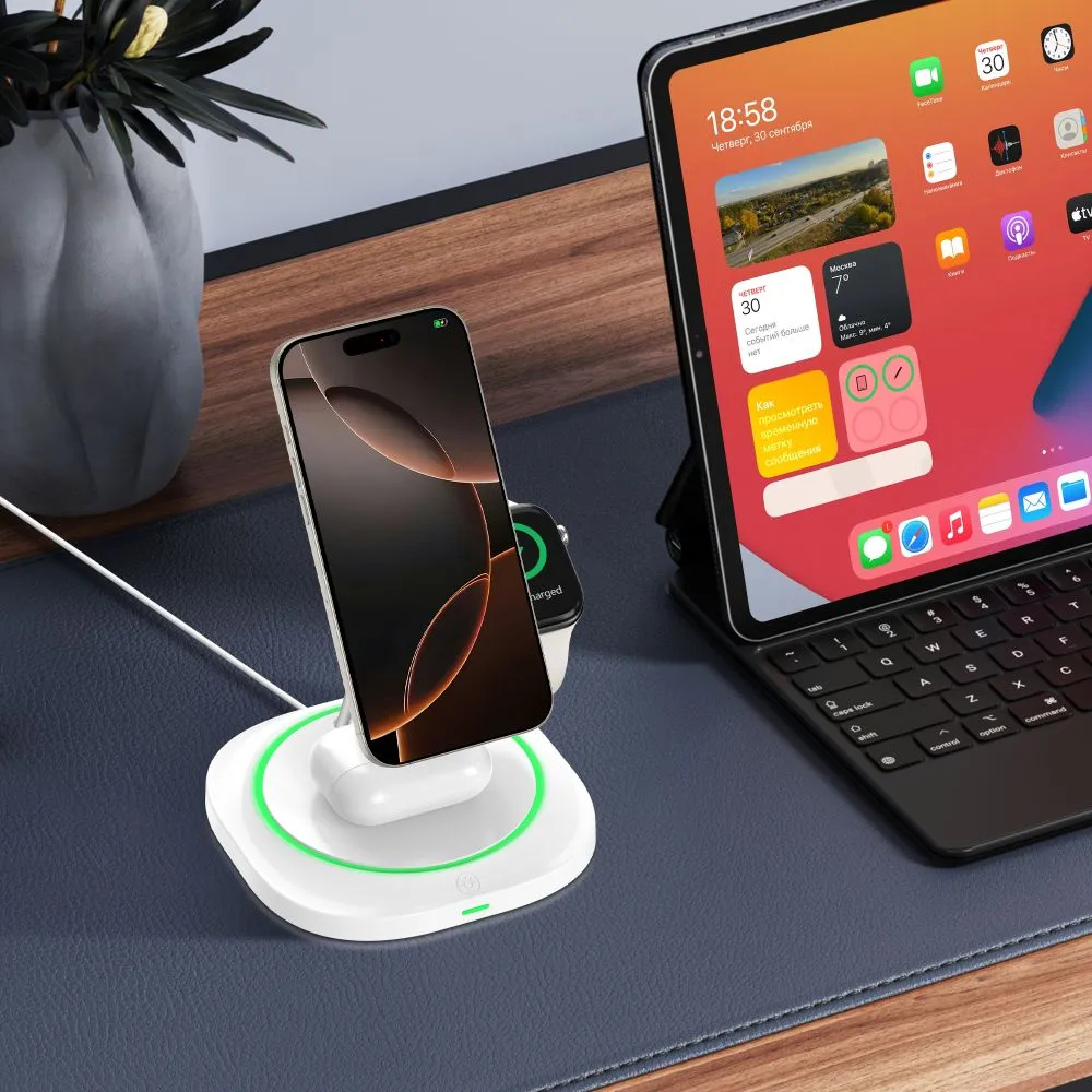 Bezvadu lādētājs  TECH-PROTECT QI15W-A46 3IN1 MAGNETIC MAGSAFE WIRELESS CHARGER balts