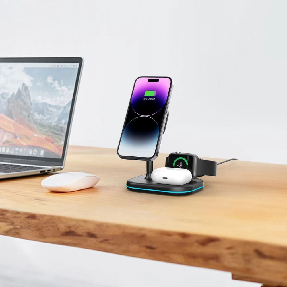 Bezvadu lādētājs  TECH-PROTECT QI15W-A27 3IN1 MAGNETIC MAGSAFE WIRELESS CHARGER melns