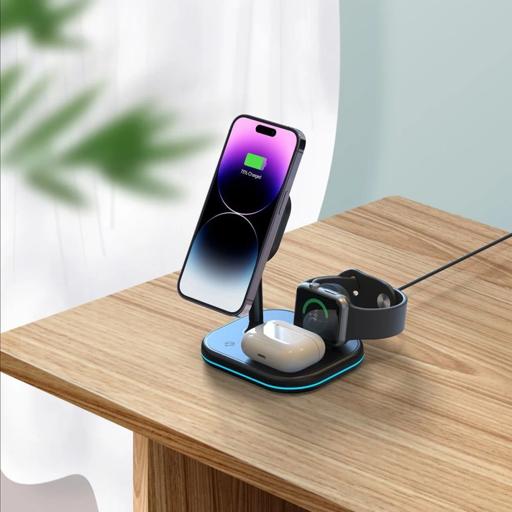 Bezvadu lādētājs  TECH-PROTECT QI15W-A27 3IN1 MAGNETIC MAGSAFE WIRELESS CHARGER melns