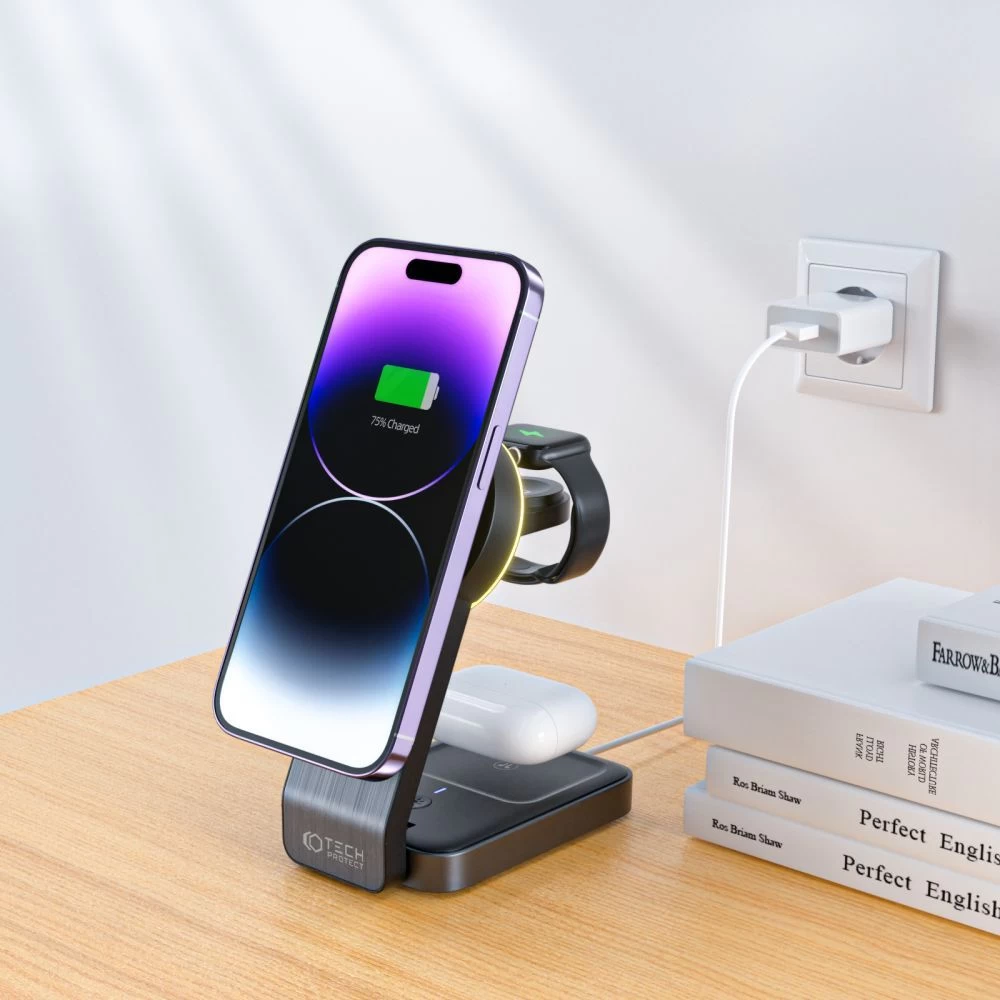 Bezvadu lādētājs  TECH-PROTECT QI15W-A28 3IN1 MAGNETIC MAGSAFE WIRELESS CHARGER melns