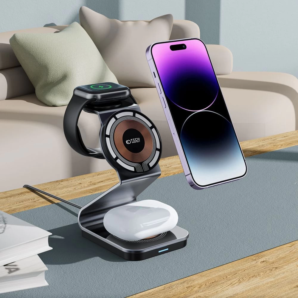 Bezvadu lādētājs  TECH-PROTECT QI15W-A29 3IN1 MAGNETIC MAGSAFE WIRELESS CHARGER melns