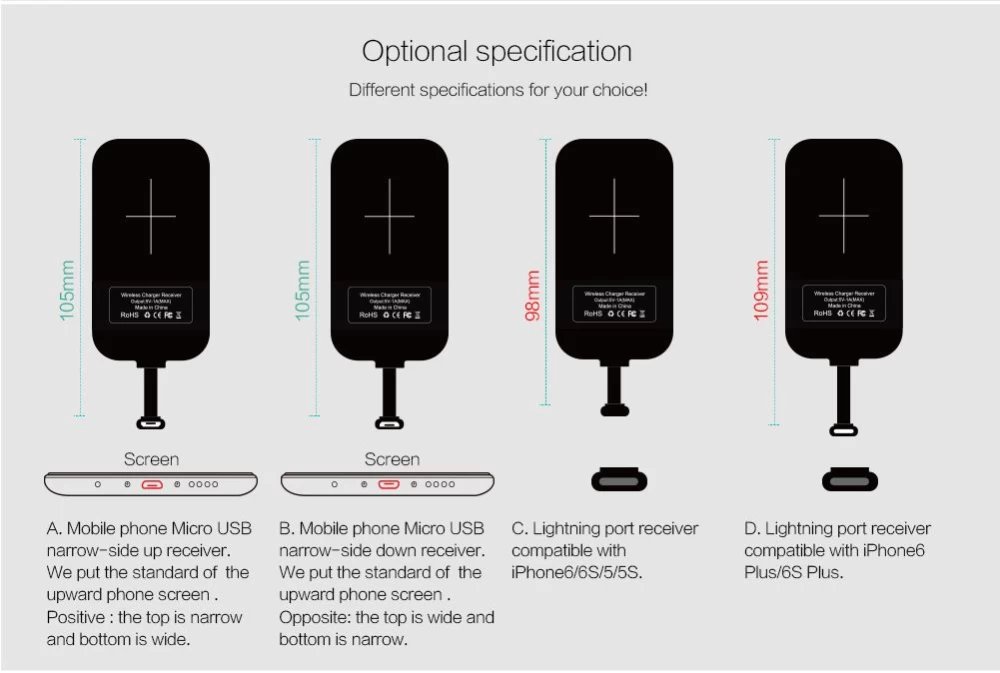 Bezvadu lādētājs  Magic Tags TYPE-B Wireless Charging Receiver Micro USB narrow-side down melns