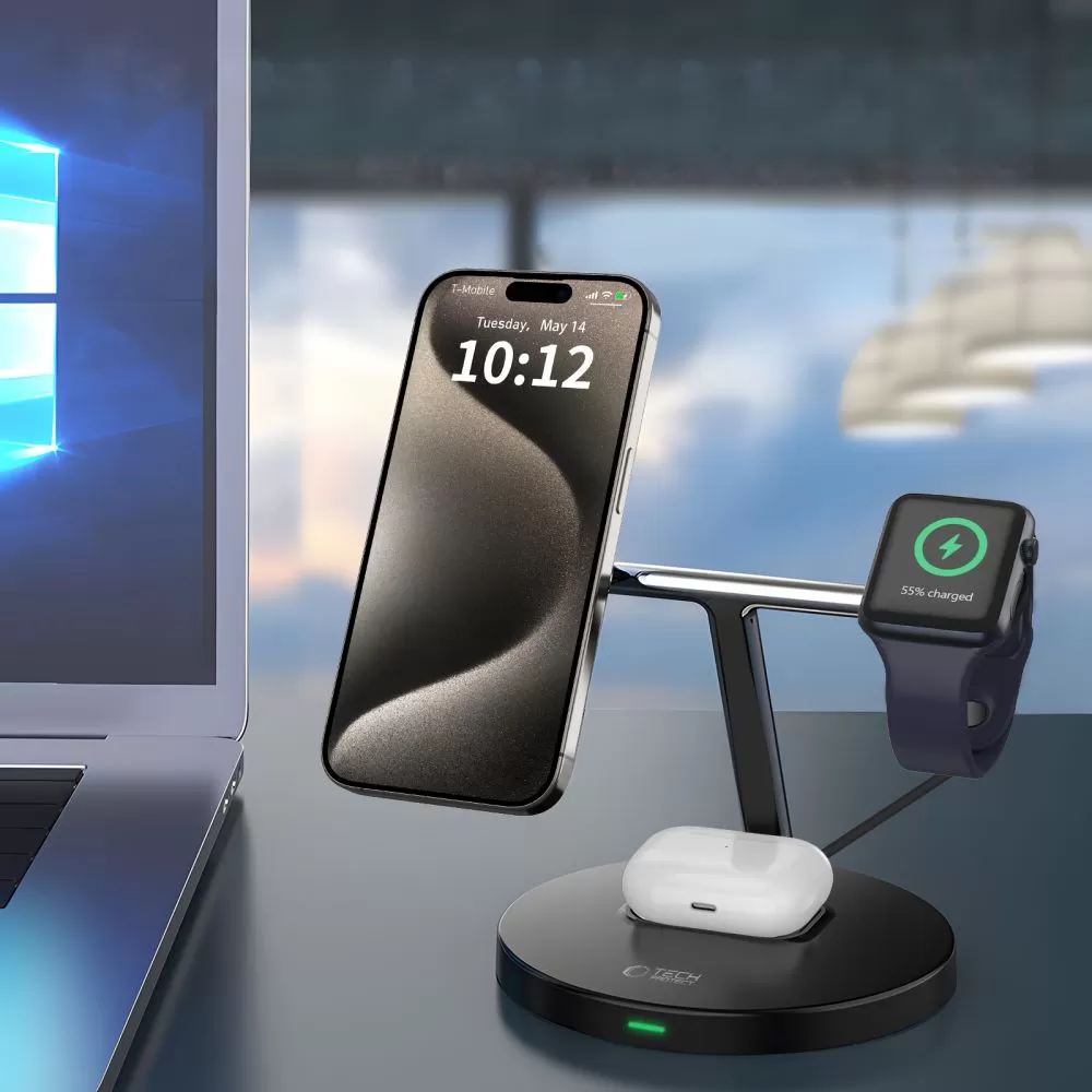Bezvadu lādētājs  TECH-PROTECT QI15W-A35 3IN1 MAGNETIC MAGSAFE WIRELESS CHARGER melns
