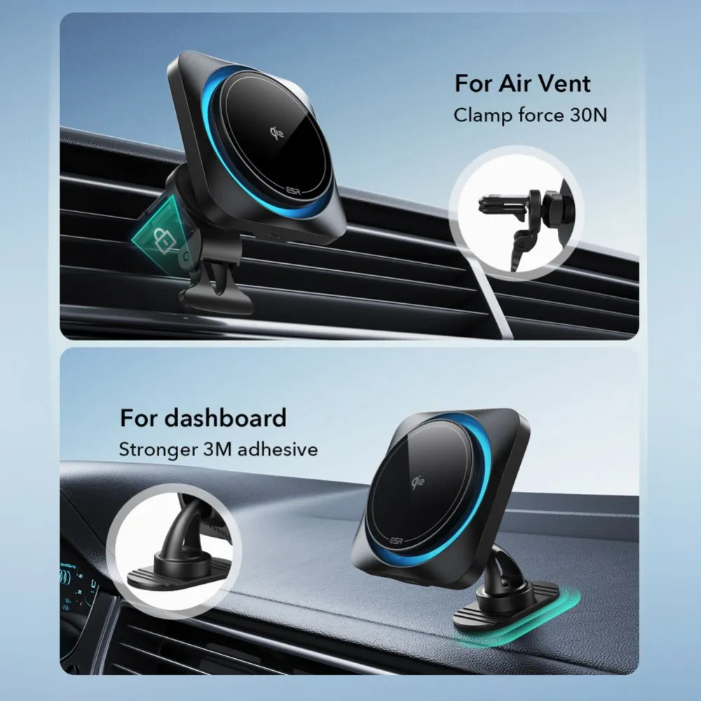 Trådlösa laddare  ESR HALOLOCK CRYOBOOST MAGNETIC MAGSAFE DASHBOARD & VENT CAR MOUNT WIRELESS CHARGER QI2 15W svart