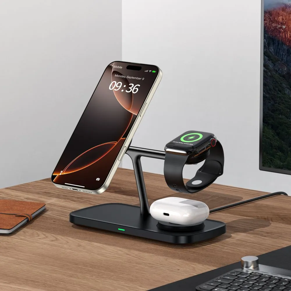 Bezvadu lādētājs  TECH-PROTECT QI15W-A45 3IN1 MAGNETIC MAGSAFE WIRELESS CHARGER melns