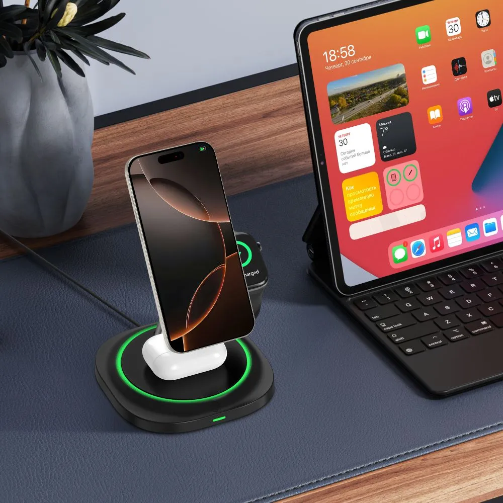 Bezvadu lādētājs  TECH-PROTECT QI15W-A46 3IN1 MAGNETIC MAGSAFE WIRELESS CHARGER melns