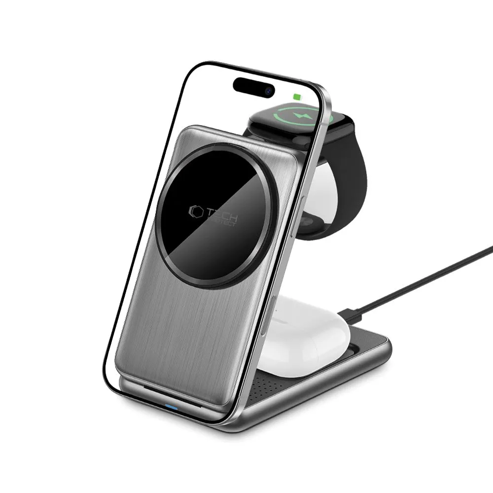 Bezvadu lādētājs  TECH-PROTECT QI15W-A42 3IN1 MAGNETIC MAGSAFE WIRELESS CHARGER pelēks