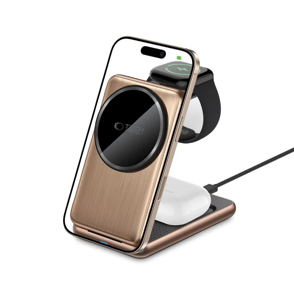 Bezvadu lādētājs  TECH-PROTECT QI15W-A42 3IN1 MAGNETIC MAGSAFE WIRELESS CHARGER zeltīts