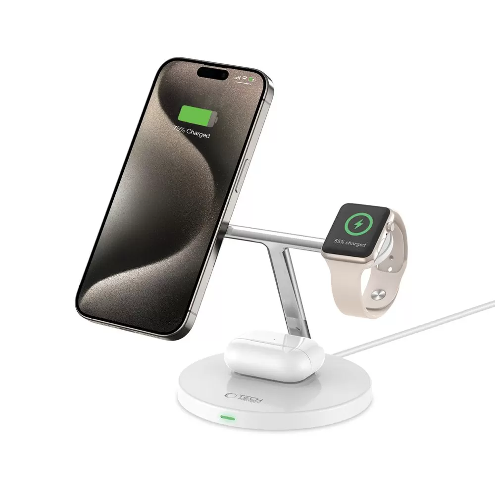 Bezvadu lādētājs  TECH-PROTECT QI15W-A35 3IN1 MAGNETIC MAGSAFE WIRELESS CHARGER balts