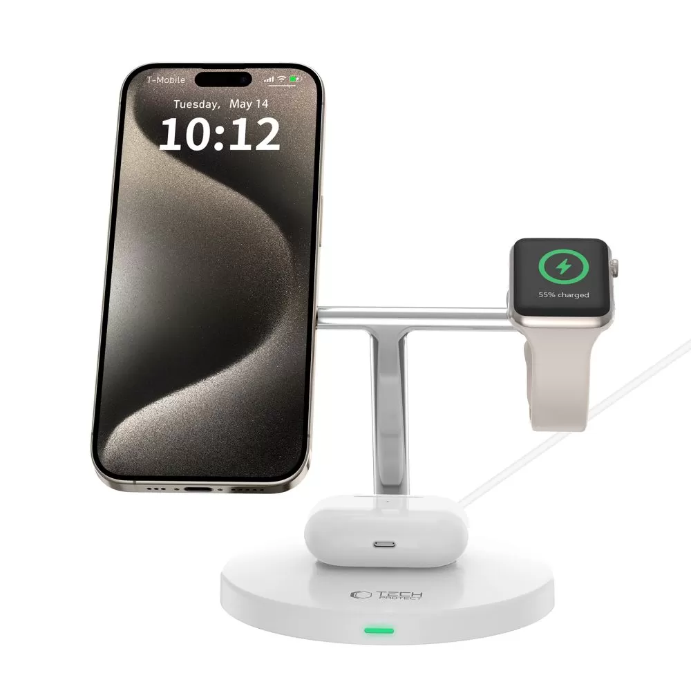 Bezvadu lādētājs  TECH-PROTECT QI15W-A35 3IN1 MAGNETIC MAGSAFE WIRELESS CHARGER balts