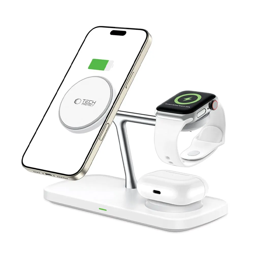 Bezvadu lādētājs  TECH-PROTECT QI15W-A45 3IN1 MAGNETIC MAGSAFE WIRELESS CHARGER balts