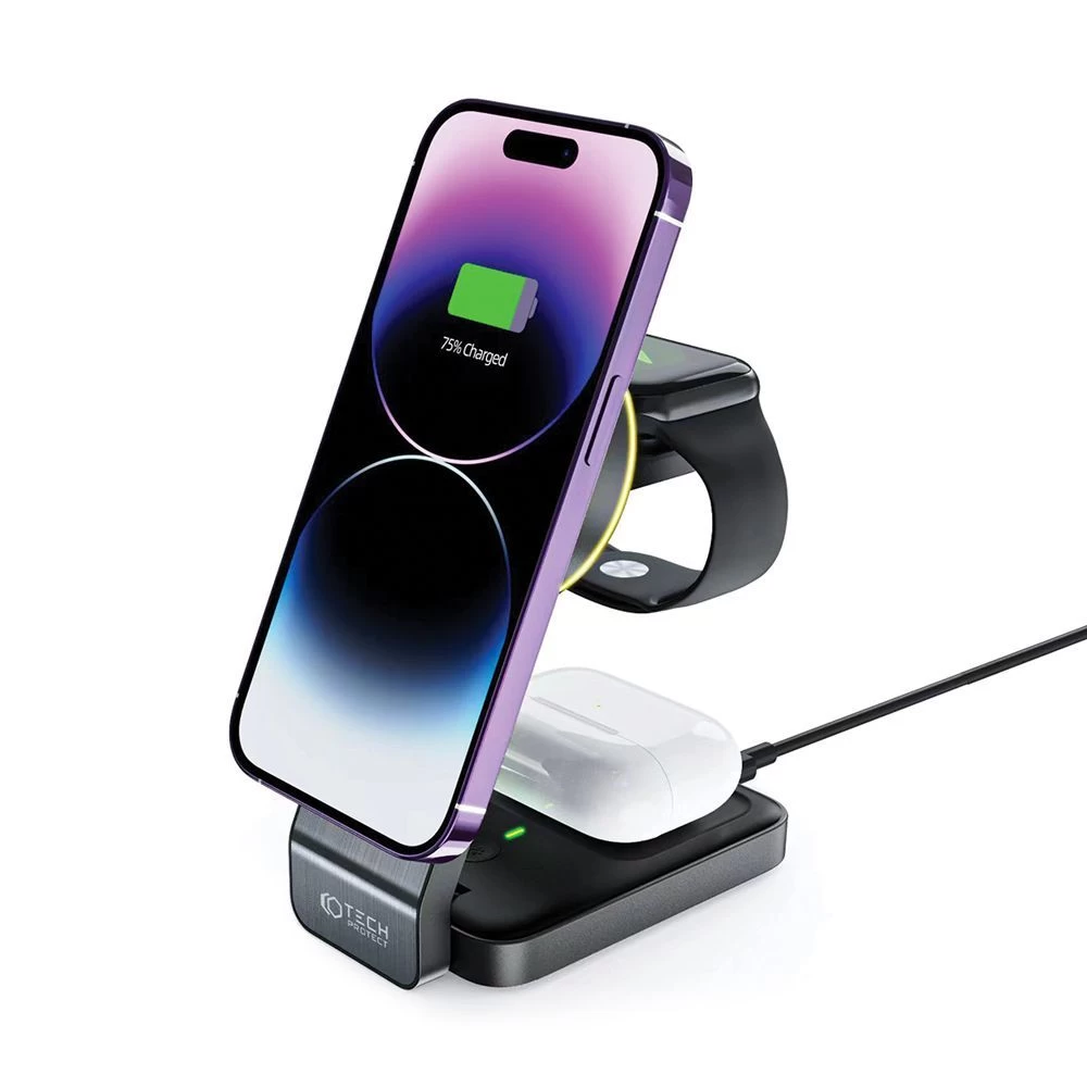Bezvadu lādētājs  TECH-PROTECT QI15W-A28 3IN1 MAGNETIC MAGSAFE WIRELESS CHARGER melns