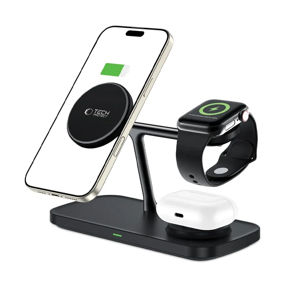 Bezvadu lādētājs  TECH-PROTECT QI15W-A45 3IN1 MAGNETIC MAGSAFE WIRELESS CHARGER melns