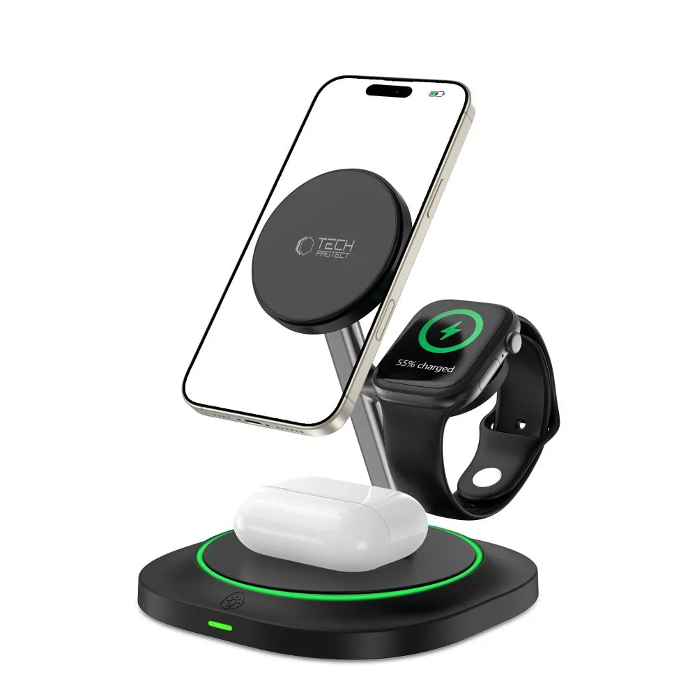 Bezvadu lādētājs  TECH-PROTECT QI15W-A46 3IN1 MAGNETIC MAGSAFE WIRELESS CHARGER melns