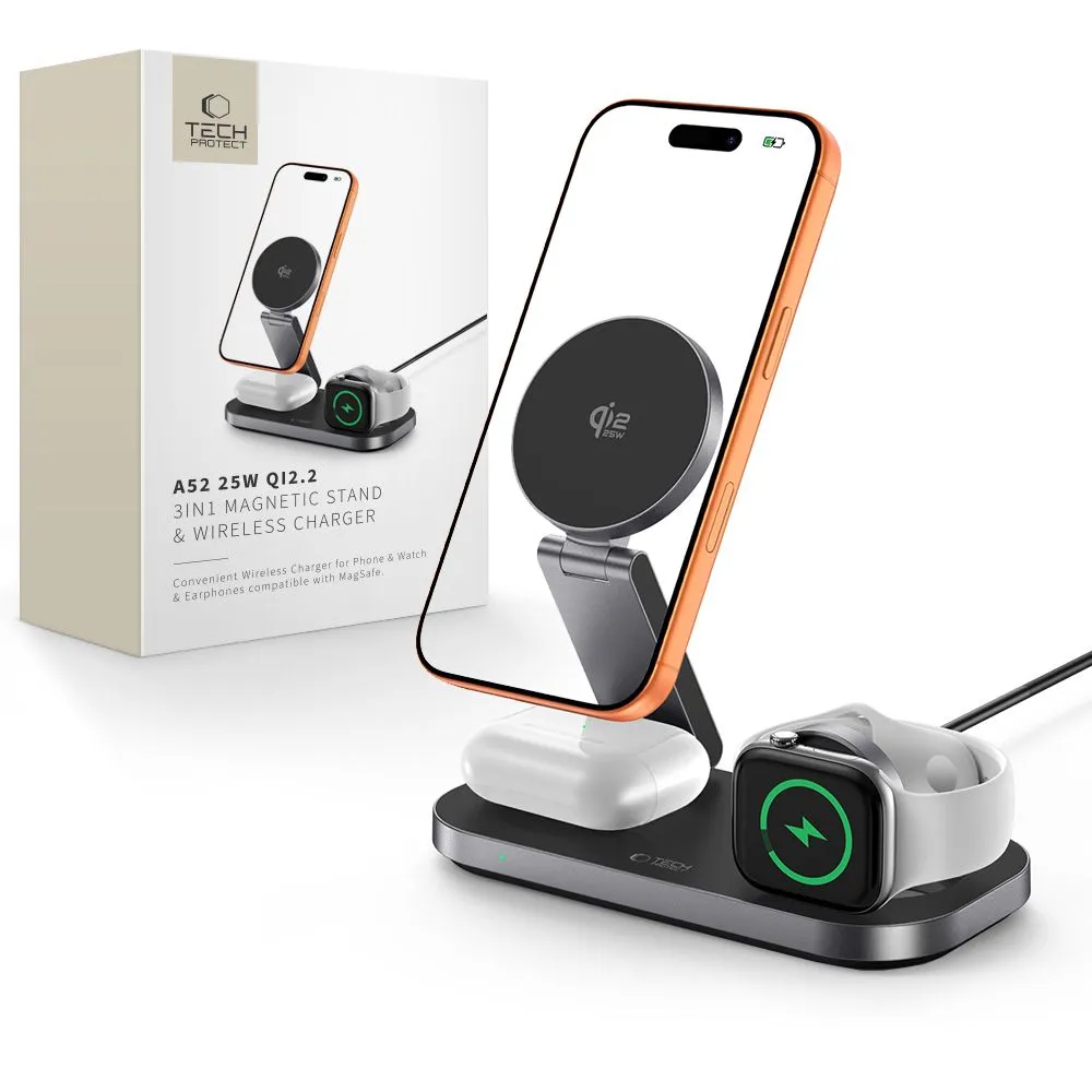 Bezvadu lādētājs  TECH-PROTECT A52 3IN1 MAGNETIC MAGSAFE WIRELESS CHARGER 25W QI2.2 Viedierīču  melns
