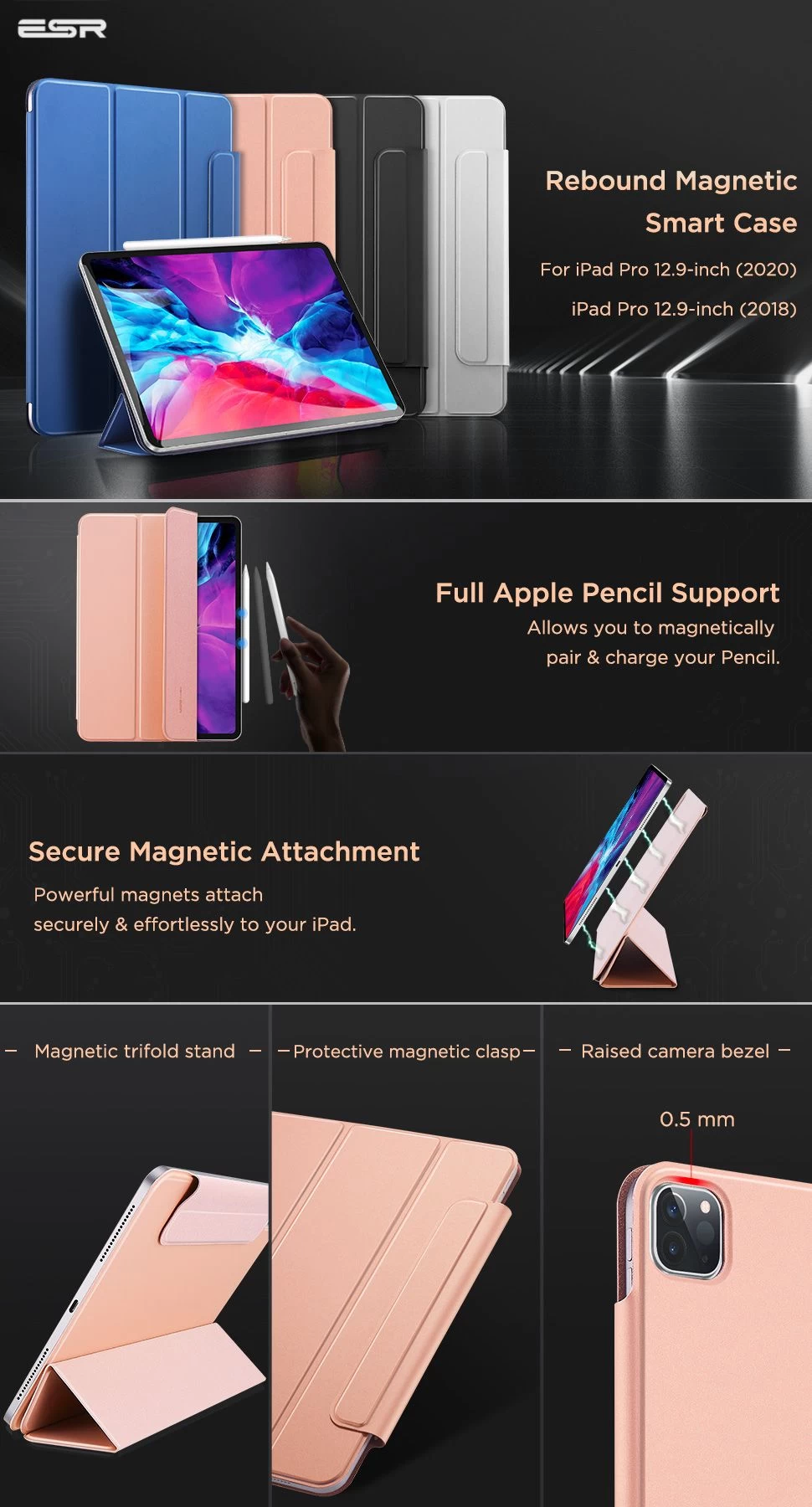 Apple iPad Pro 12.9 (2020) maciņš rozā zelta ESR Rebound Magnetic with clasp