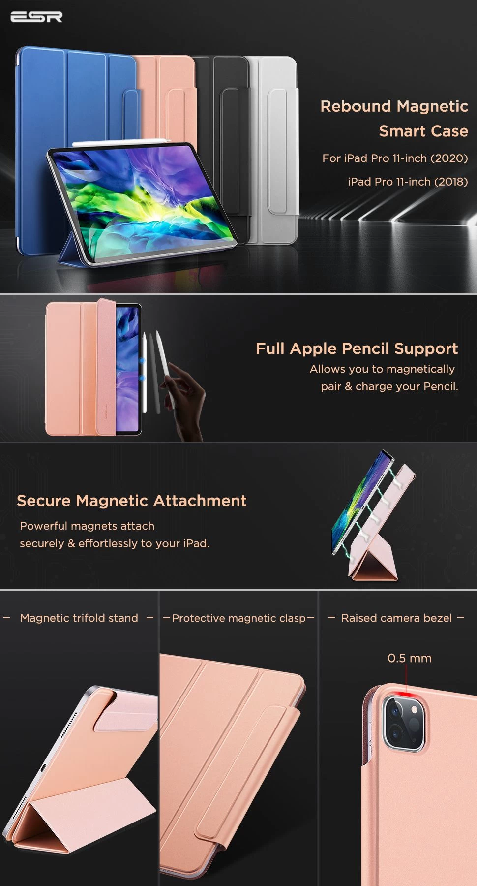 Apple iPad Pro 11 (2020) maciņš rozā zelta ESR Rebound Magnetic with clasp