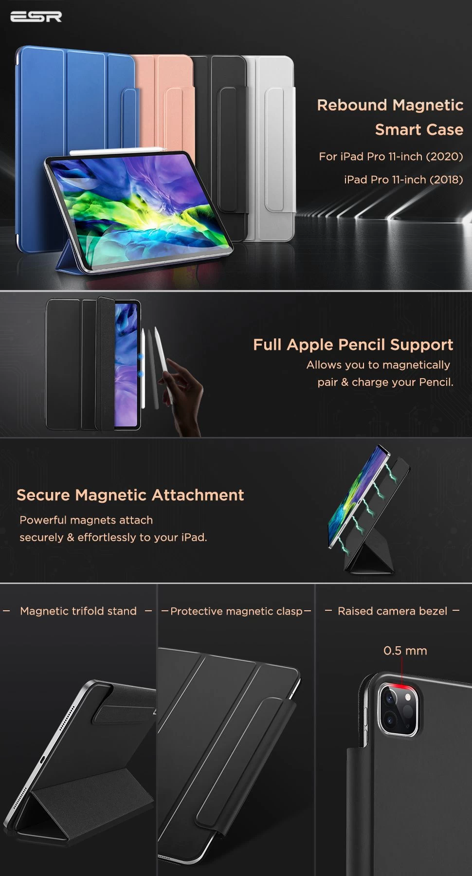 Apple iPad Pro 11 (2021) tablet skal, fodral svart ESR Rebound Magnetic 