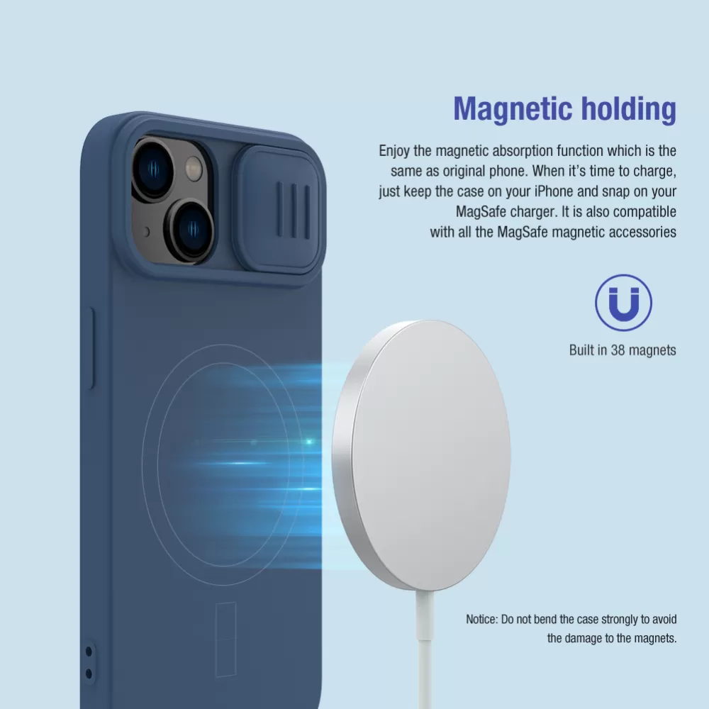 Apple iPhone 15 dėklas mėlyna NILLKIN CAMSHIELD SILKY MAGNETIC SILICON