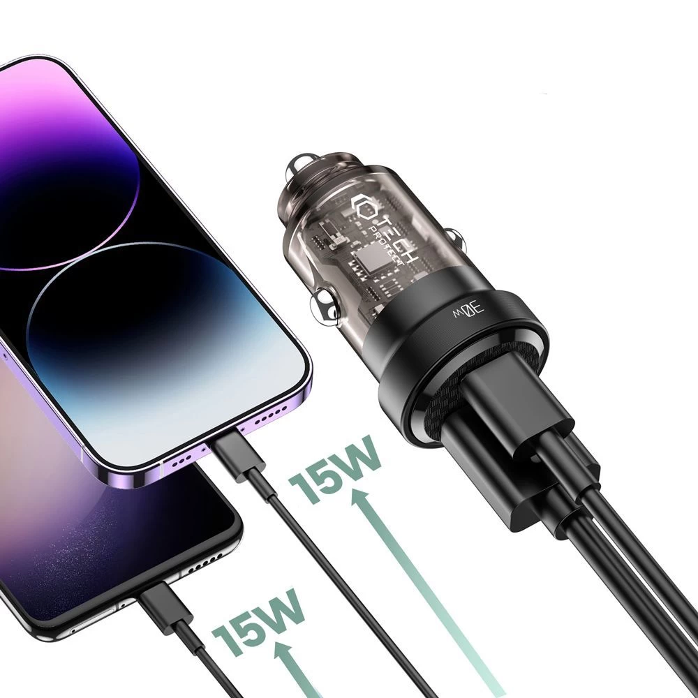  Automašīnas lādētāji TECH-PROTECT CC30W 2-PORT CAR CHARGER PD30W/QC3.0  melns