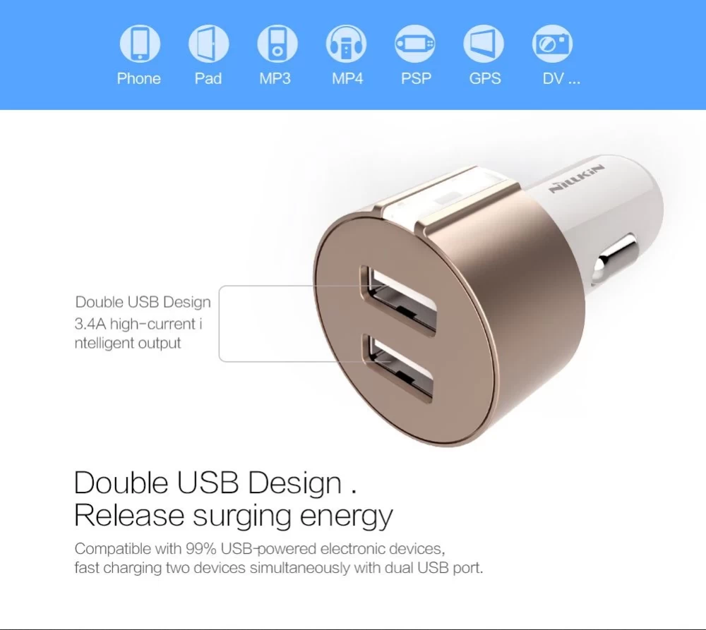 Automašīnas lādētāji Nillkin Vigor car charger  zeltīts