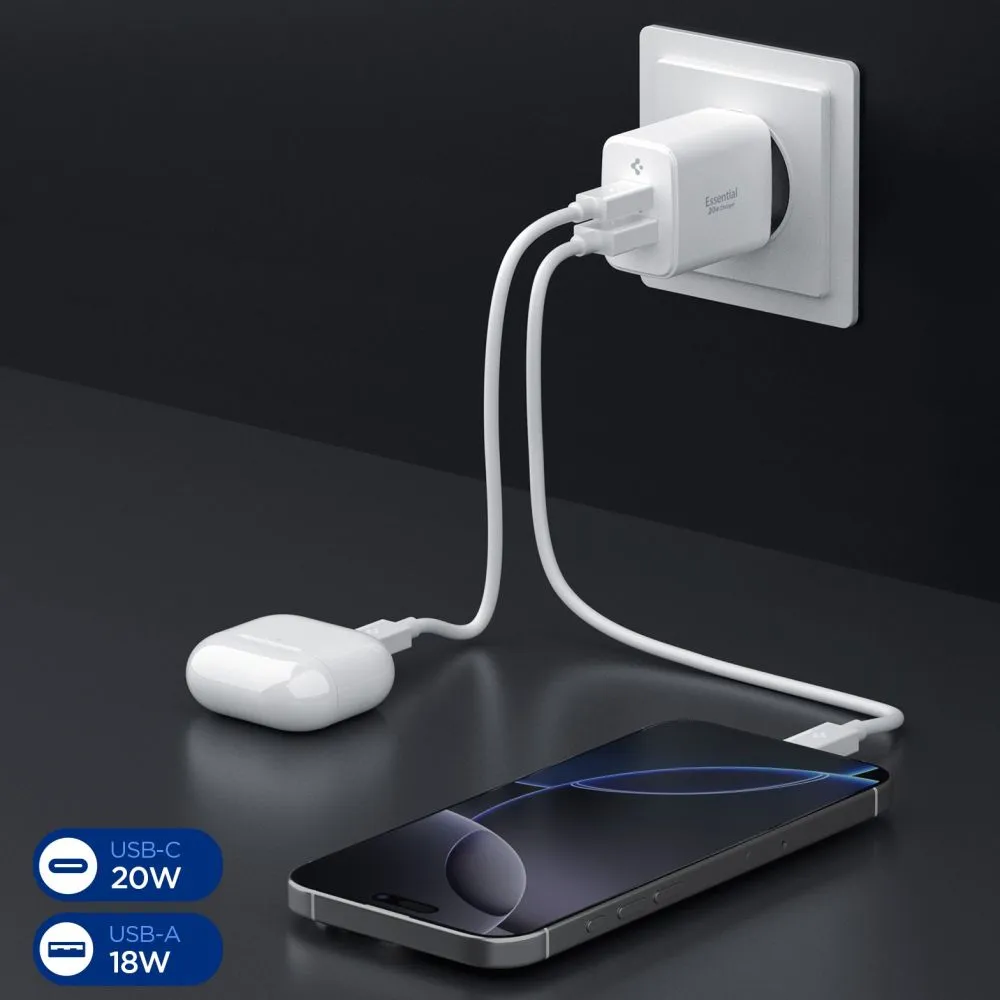  Datu kabeļi SPIGEN ESSENTIAL EE202EU 2-PORT NETWORK CHARGER 20W Viedierīču 