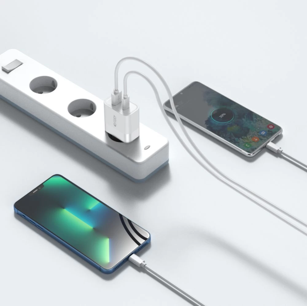  Datu kabeļi TECH-PROTECT C30W 2-PORT Network Charger PD30W/QC3.0  balts