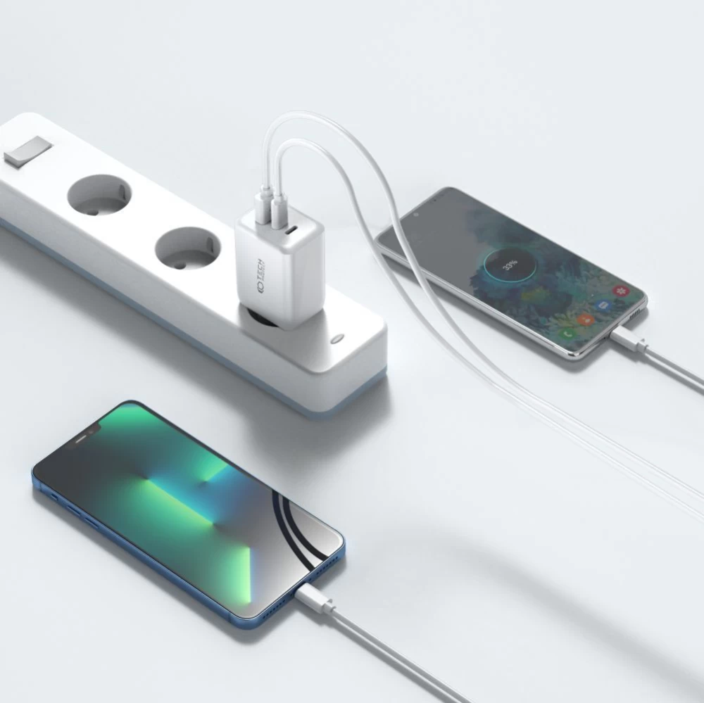  Datu kabeļi TECH-PROTECT C65W 3-PORT NETWORK CHARGER PD65W/QC3.0  balts