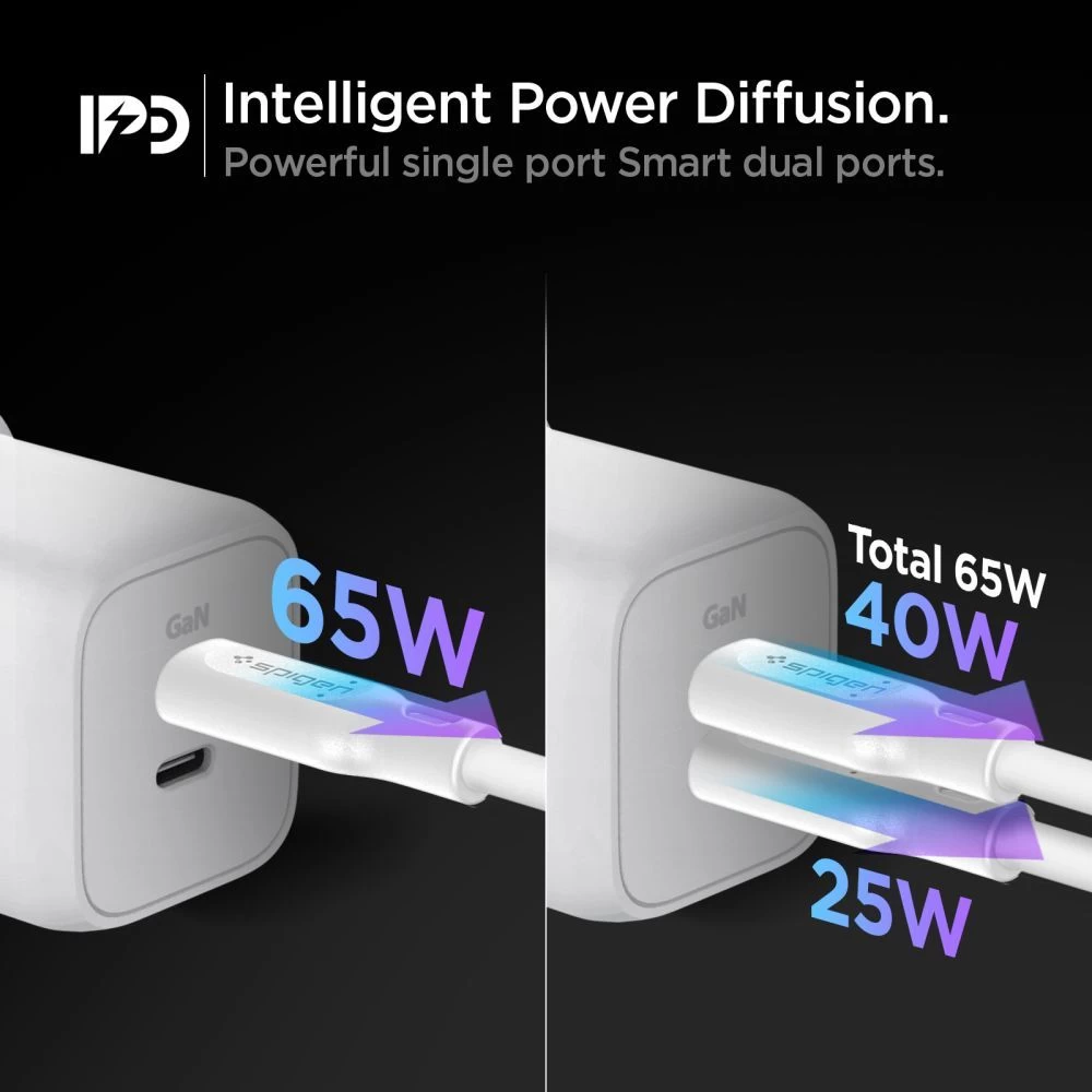  Datu kabeļi SPIGEN PE2106EU POWERARC 2-PORT NETWORK CHARGER PD65W  balts