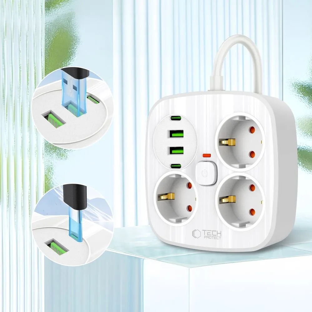  Datu kabeļi TECH-PROTECT PCS3X4 POWER STRIP 2 USB & TYPE-C 3 SOCKET 200CM  balts