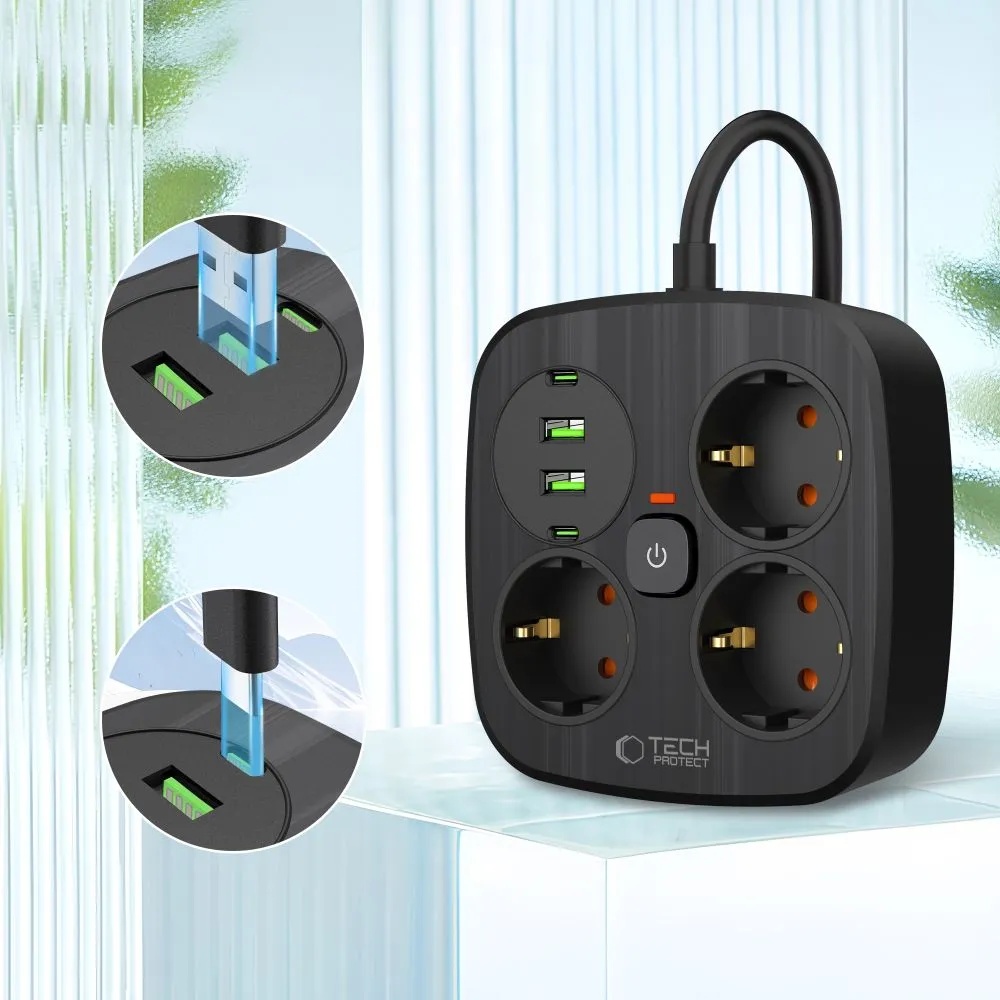 Datu kabeļi TECH-PROTECT PCS3X4 POWER STRIP 2 USB & TYPE-C 3 SOCKET 200CM  melns