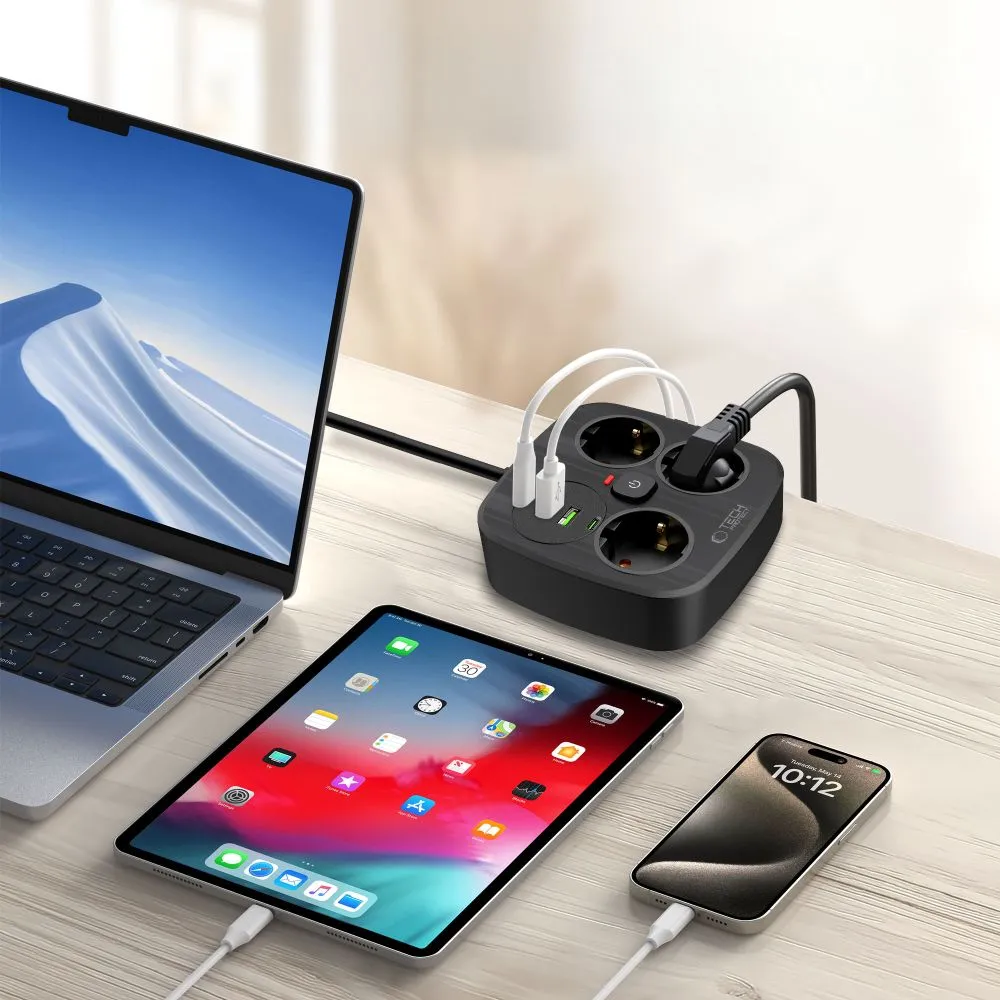  Datu kabeļi TECH-PROTECT PCS3X4 POWER STRIP 2 USB & TYPE-C 3 SOCKET 200CM  melns