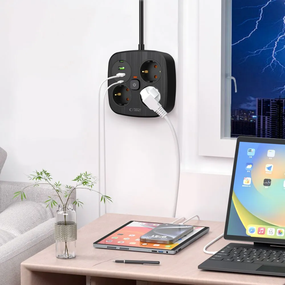  Datu kabeļi TECH-PROTECT PCS3X4 POWER STRIP 2 USB & TYPE-C 3 SOCKET 200CM  melns