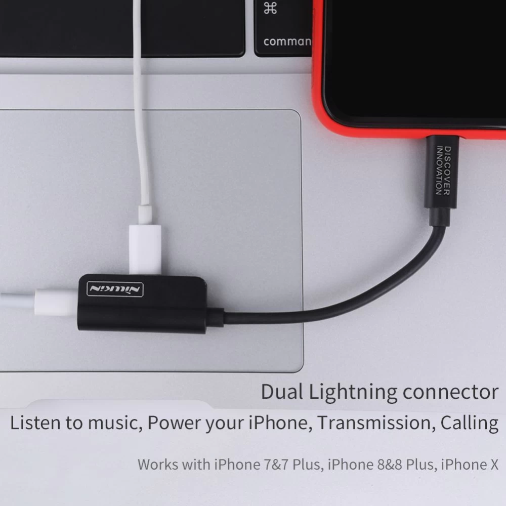  Datu kabeļi RockPower audio adapter-Lightning to dual Lightning  melns