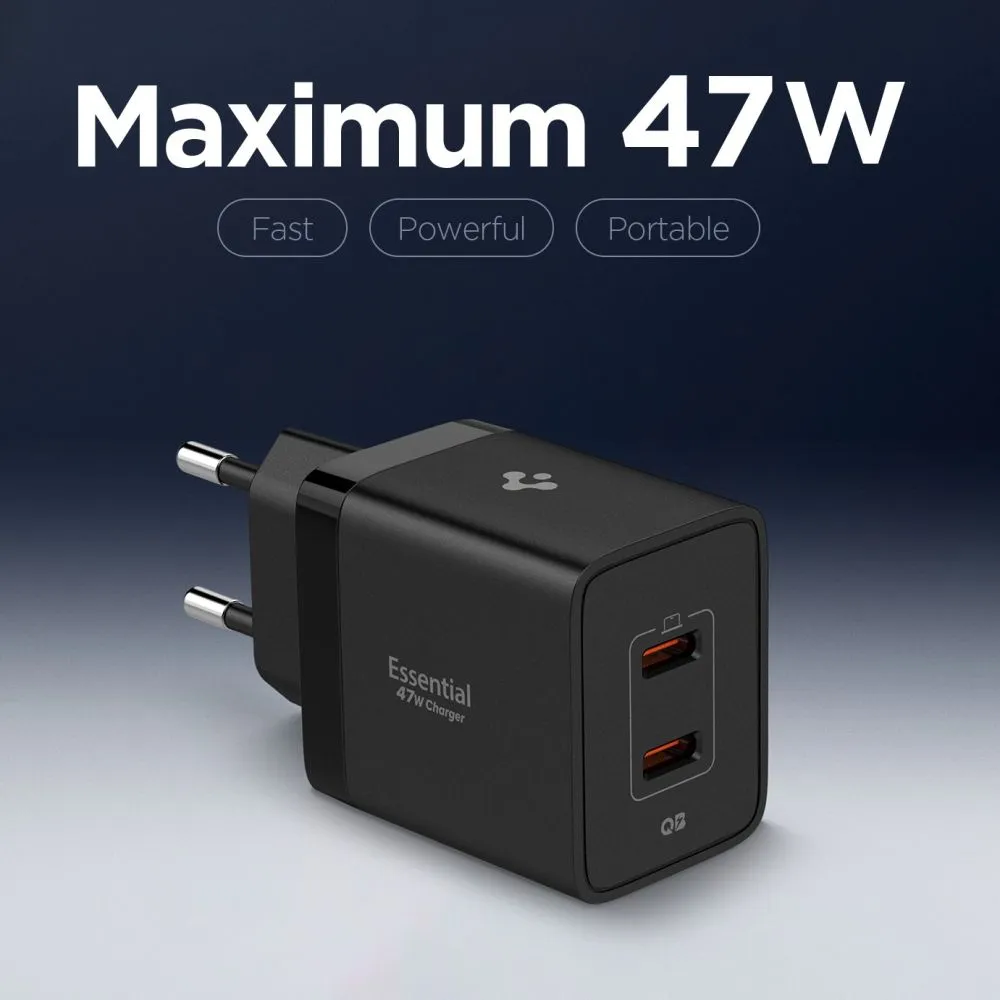  Datu kabeļi SPIGEN ESSENTIAL EE472EU 2-PORT NETWORK CHARGER 47W Viedierīču melns