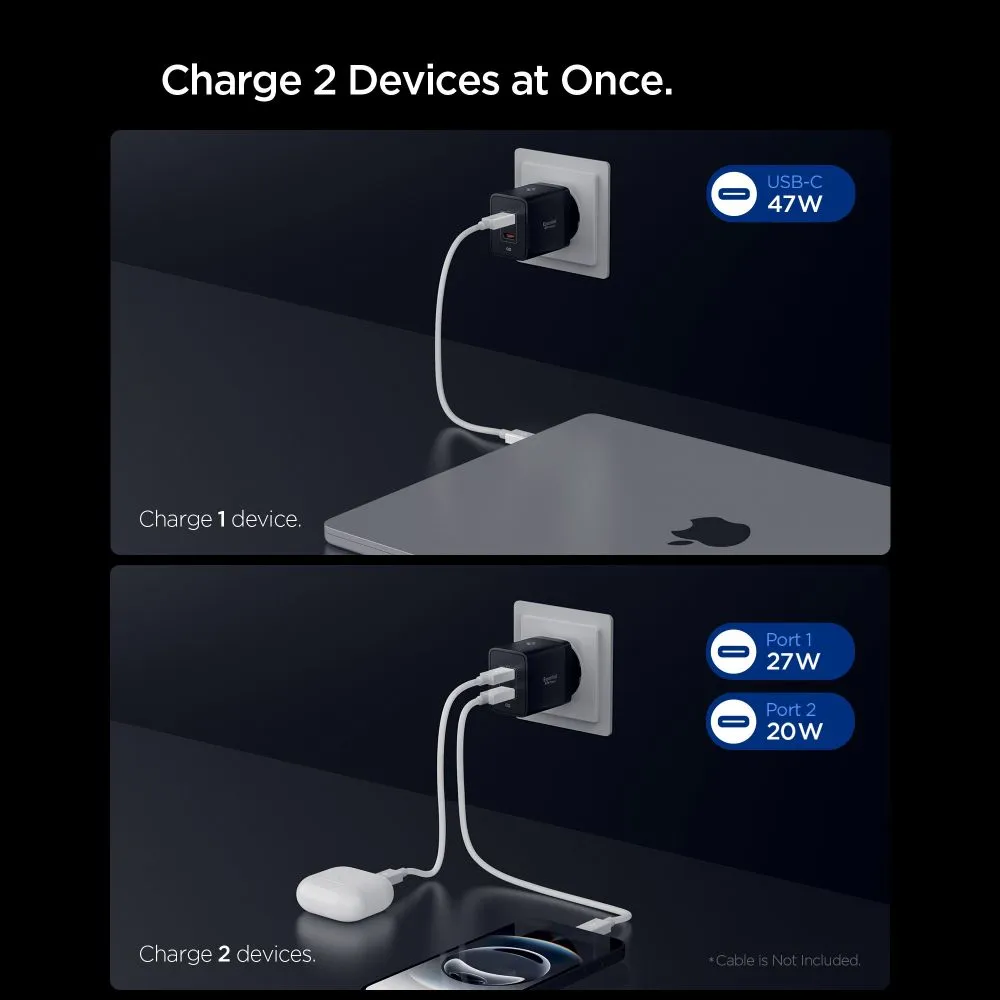  Datu kabeļi SPIGEN ESSENTIAL EE472EU 2-PORT NETWORK CHARGER 47W Viedierīču melns