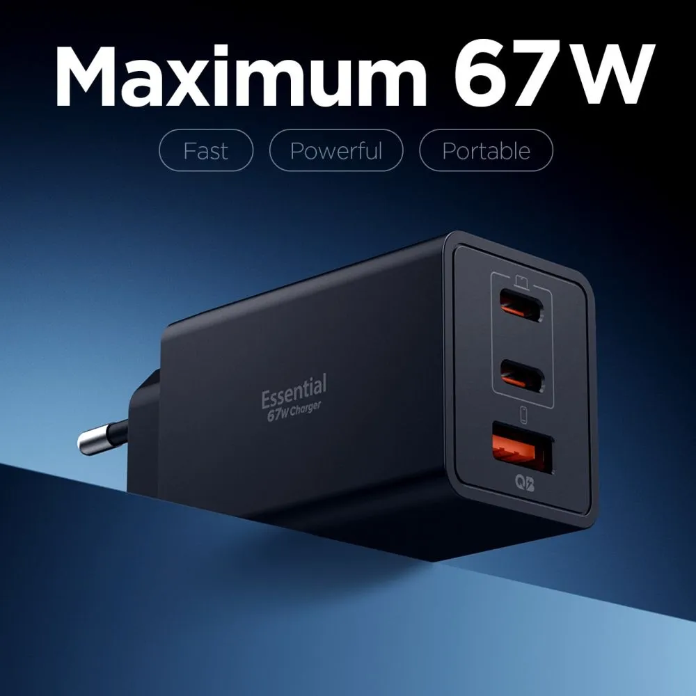  Datu kabeļi SPIGEN ESSENTIAL EE673EU 3-PORT NETWORK CHARGER 67W Viedierīču melns